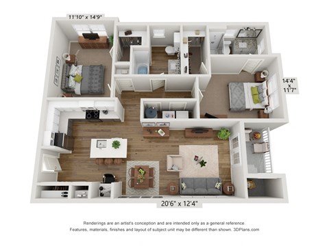 Floor plan for 2 beds, 2 baths, 1099 sqft